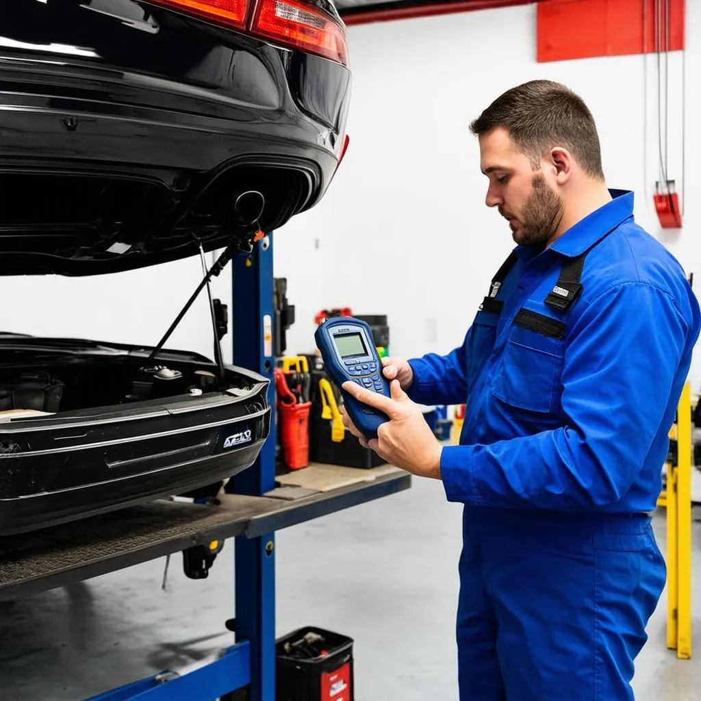 Mechanic using an OBD2 scanner on an Acura in a repair shop