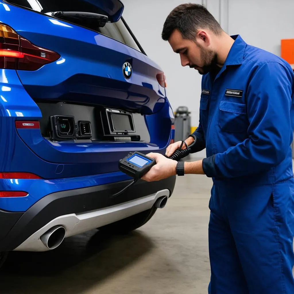 Mechanic Using OBD2 Scanner on BMW X1