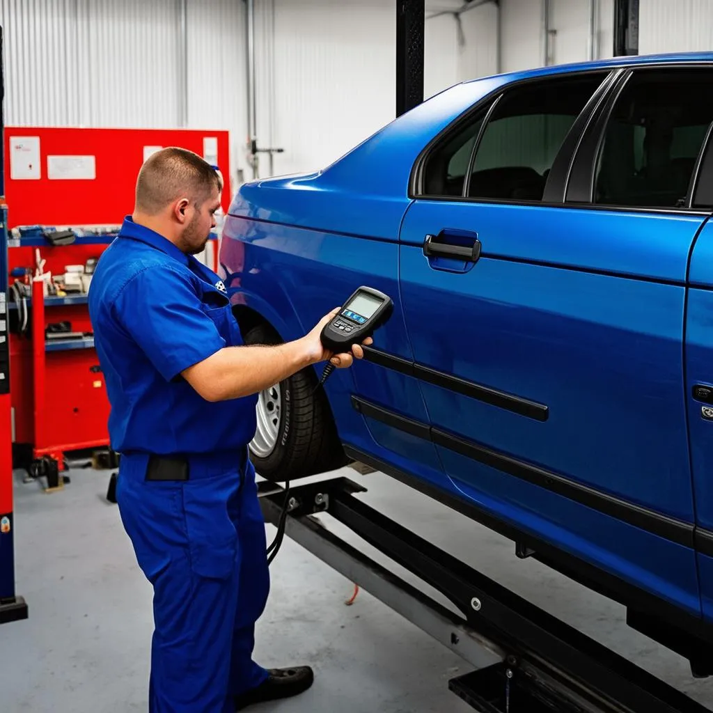 Mechanic using an OBD2 scanner on a BMW E39