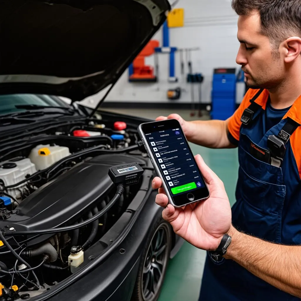 Mechanic using an iPhone with an OBD2 adapter