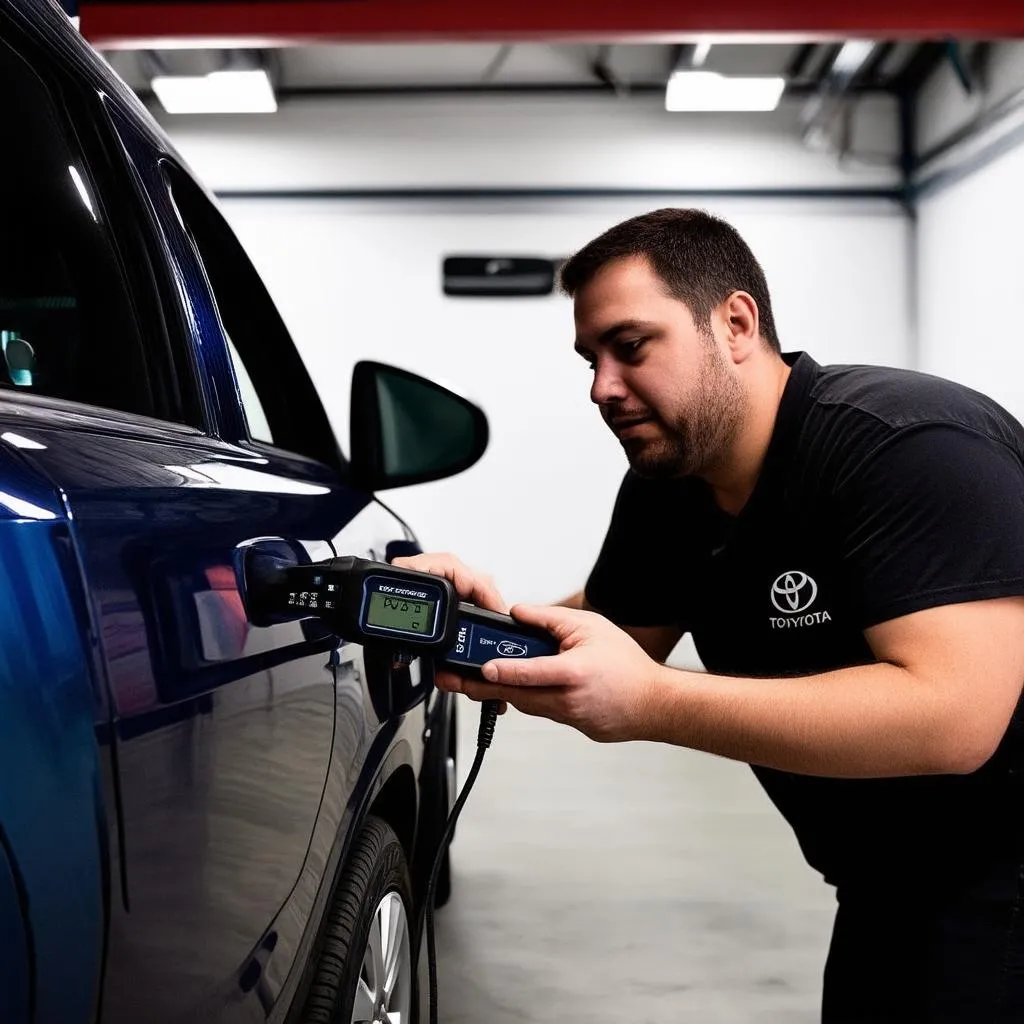 Mechanic Diagnosing Toyota with OBD2 Scanner