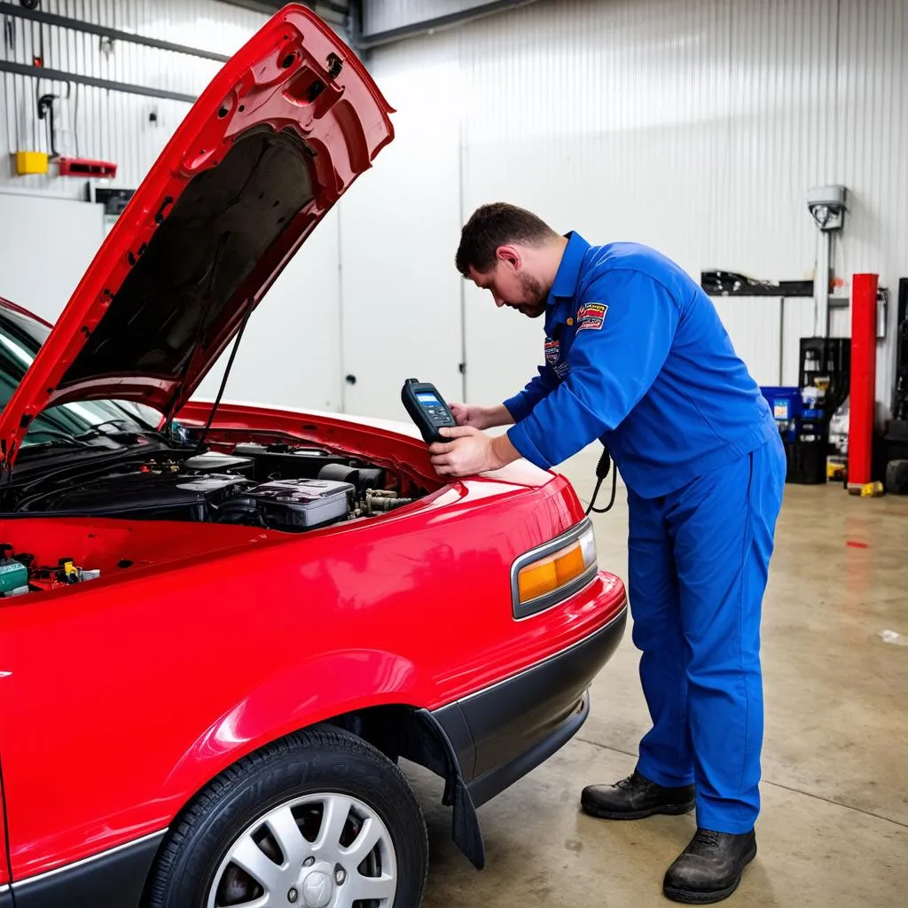 Mechanic running diagnostics on a 1995 Toyota Camry