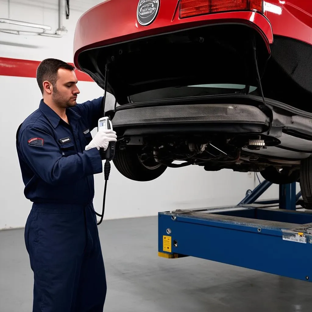 Mechanic using a diagnostic scanner on a car