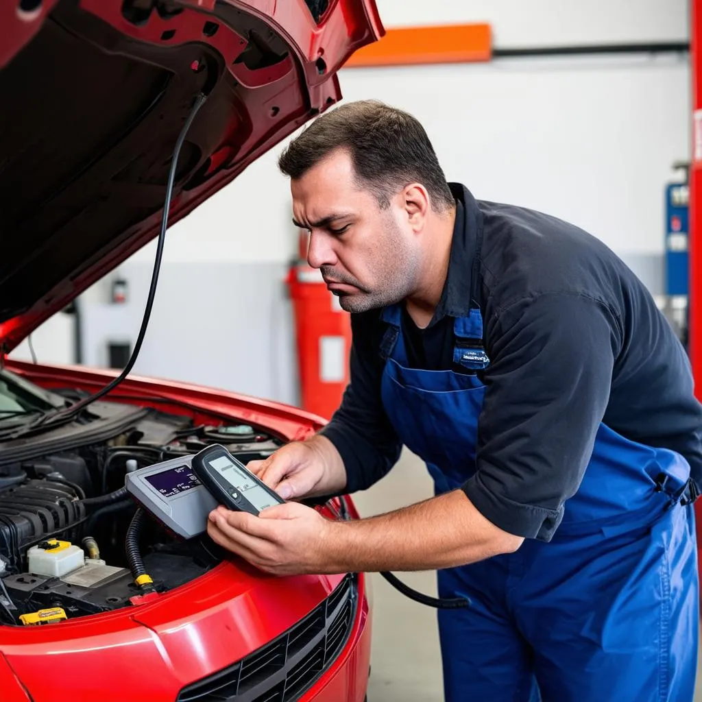 Mechanic using scanner to diagnose car trouble codes