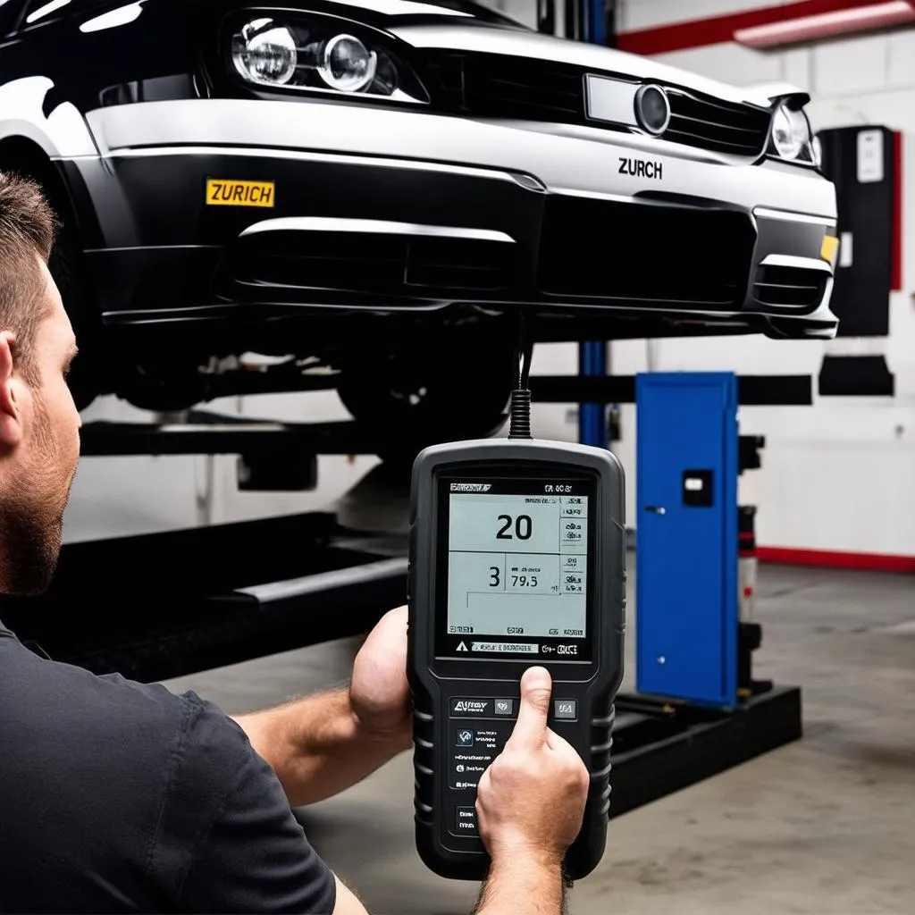 Mechanic using a Zurich scanner on a car