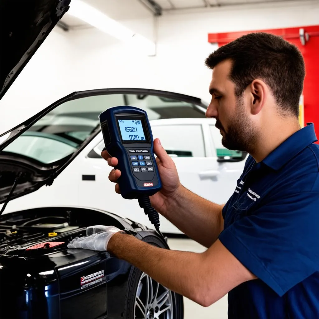 Mechanic using a GM OBD II scanner to diagnose a car problem.