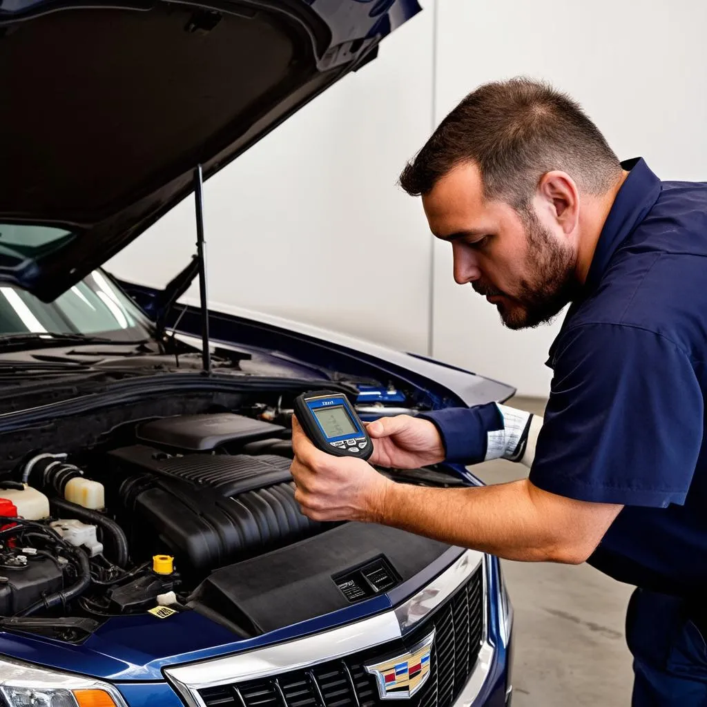 Mechanic Diagnosing Deville with Scanner