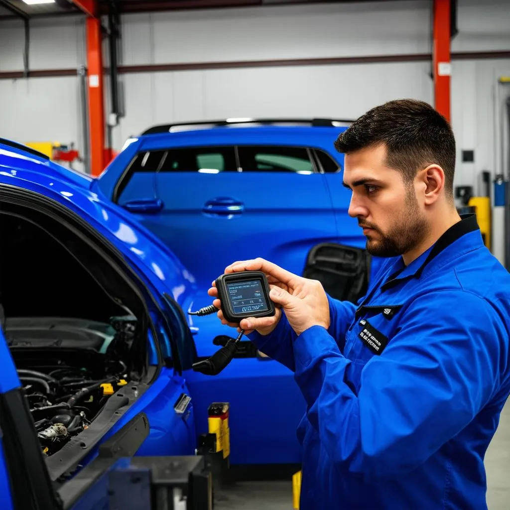 Mechanic using a diagnostic scanner on a BMW X3