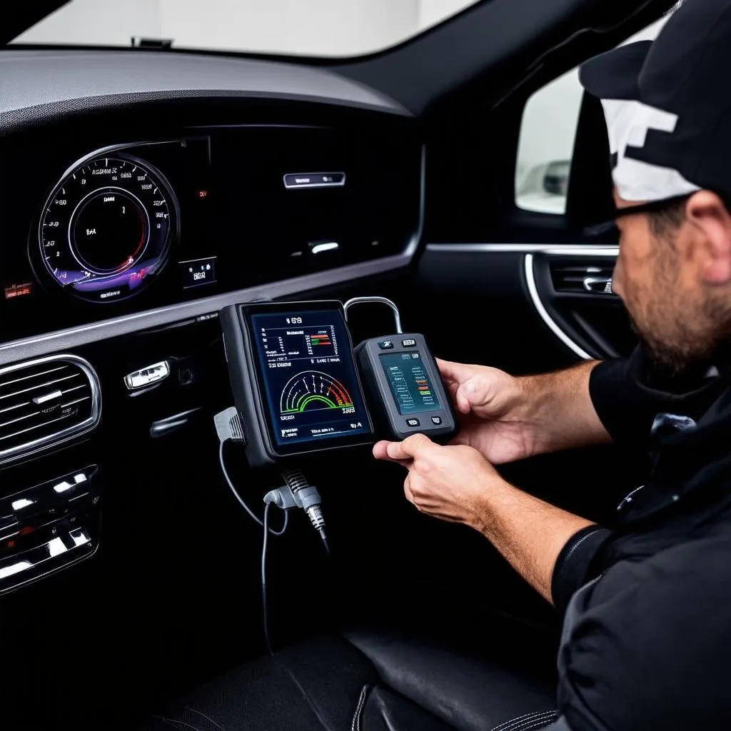 Mechanic using a dealer scanner on a European car