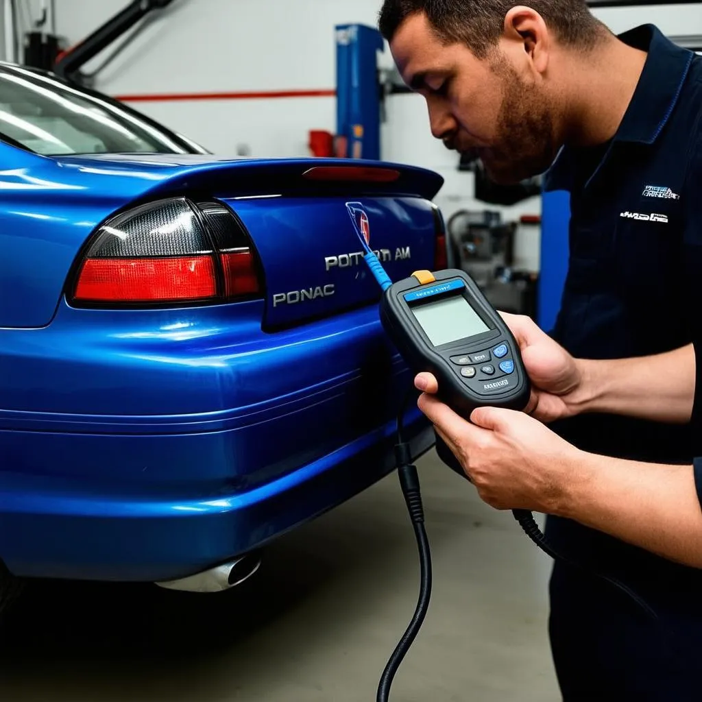 Mechanic Diagnosing Grand Am with Advanced Scanner