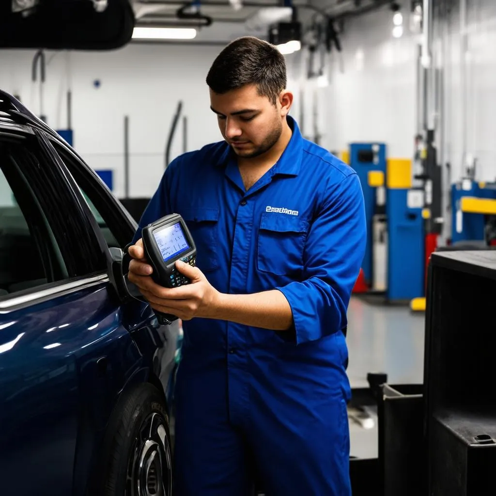 mechanic using scanner on a car in a garage