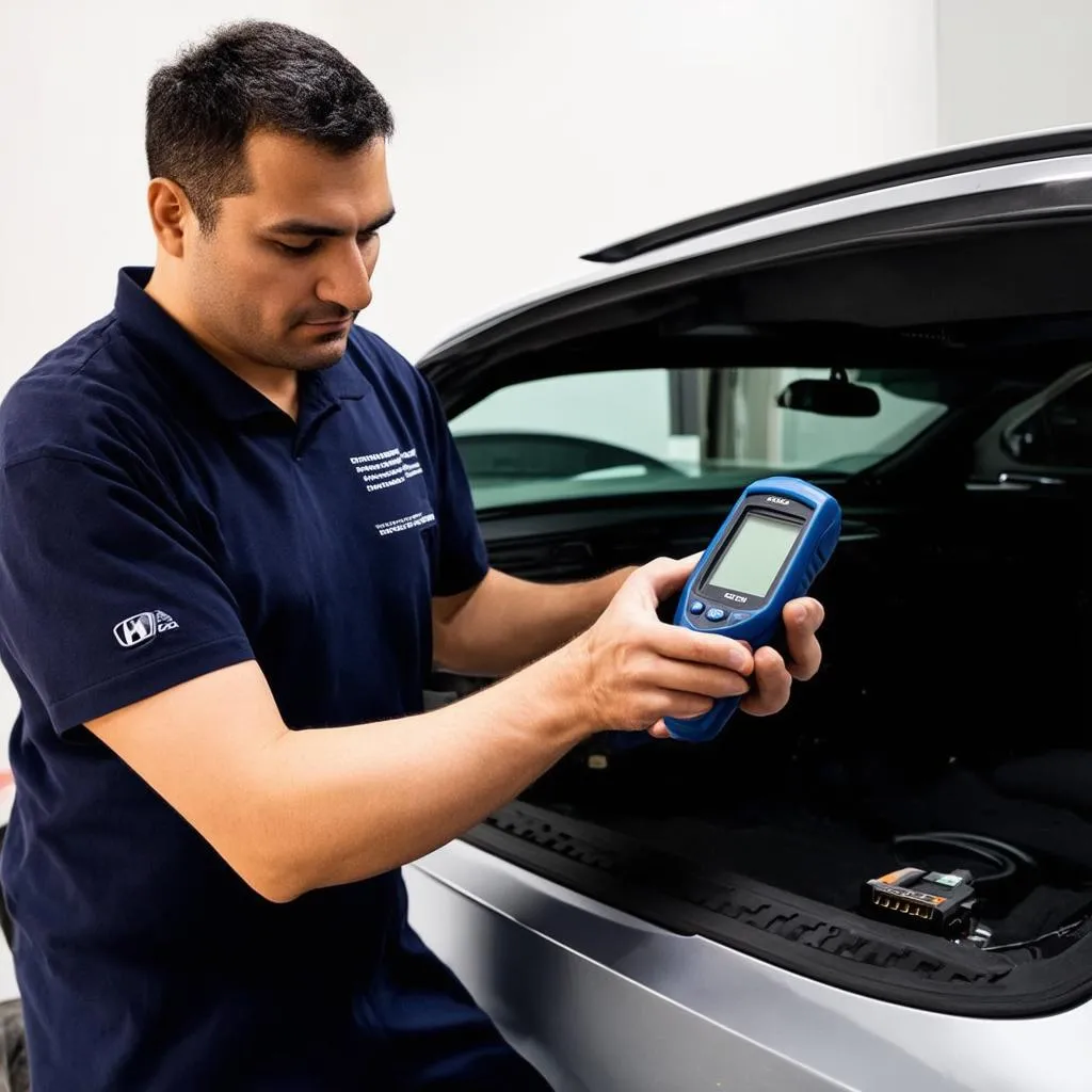 Mechanic using an OBD2 scanner on a Honda car