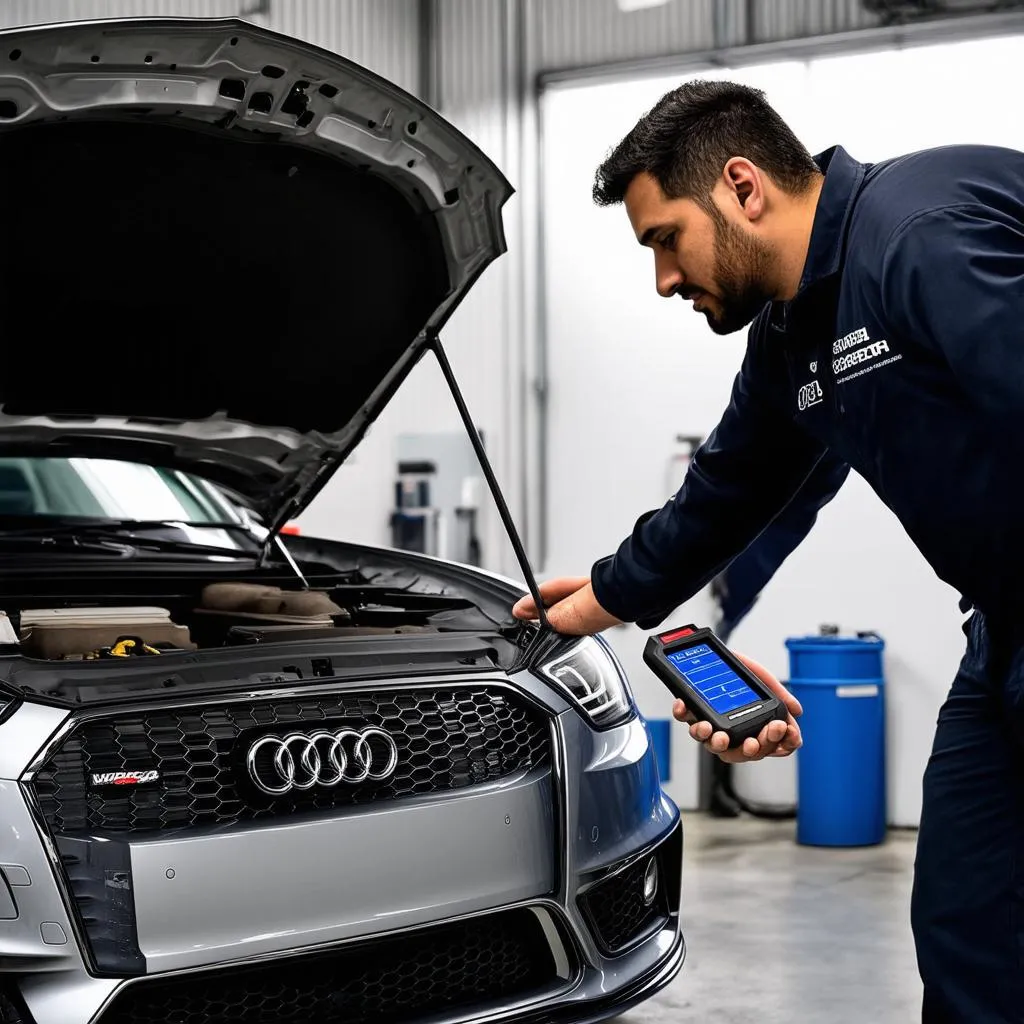 Mechanic using diagnostic scanner