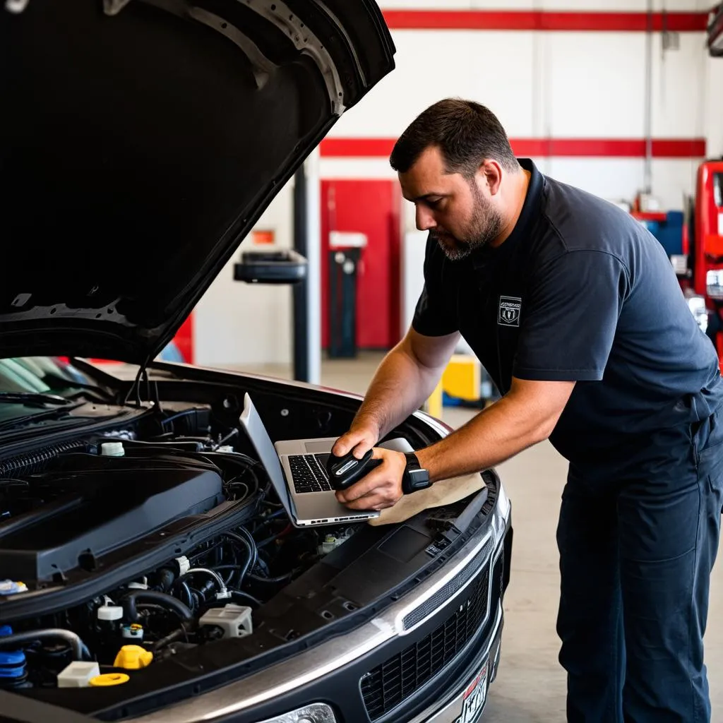 Mechanic Using a Diagnostic Scanner on a Ram 2500