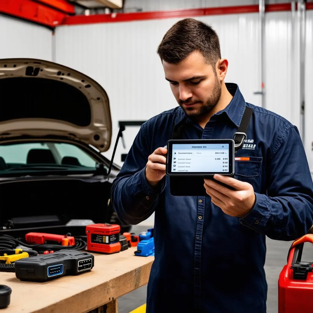 Mechanic Using Tablet for Diagnostics