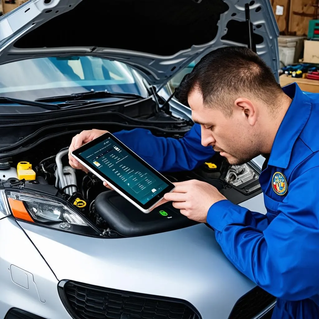 Mechanic Using Tablet to Diagnose Car