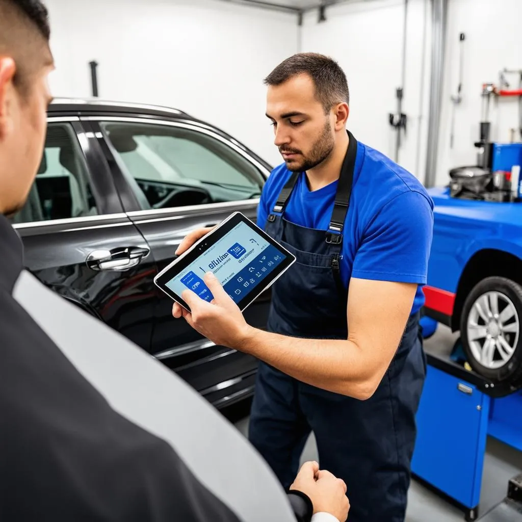 Mechanic Using a Tablet to Diagnose a Car