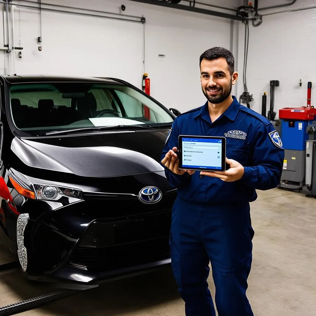 Mechanic Using Tablet with Prius