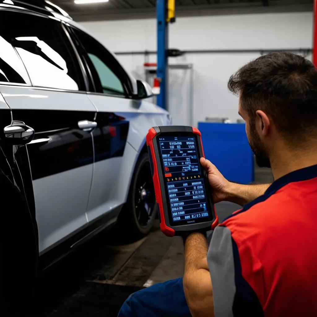 Mechanic using a tablet OBD-II scanner