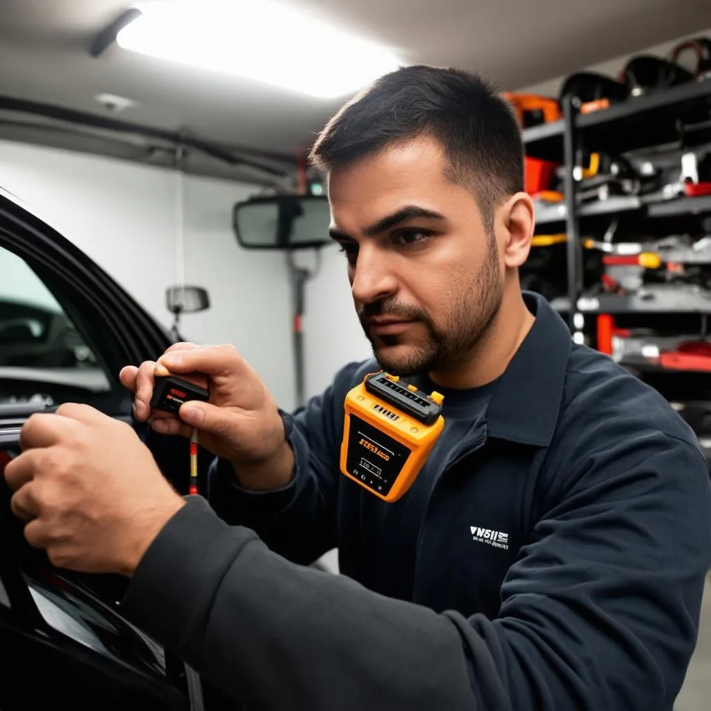 Mechanic Using VVDI Mini OBD Tool on Car