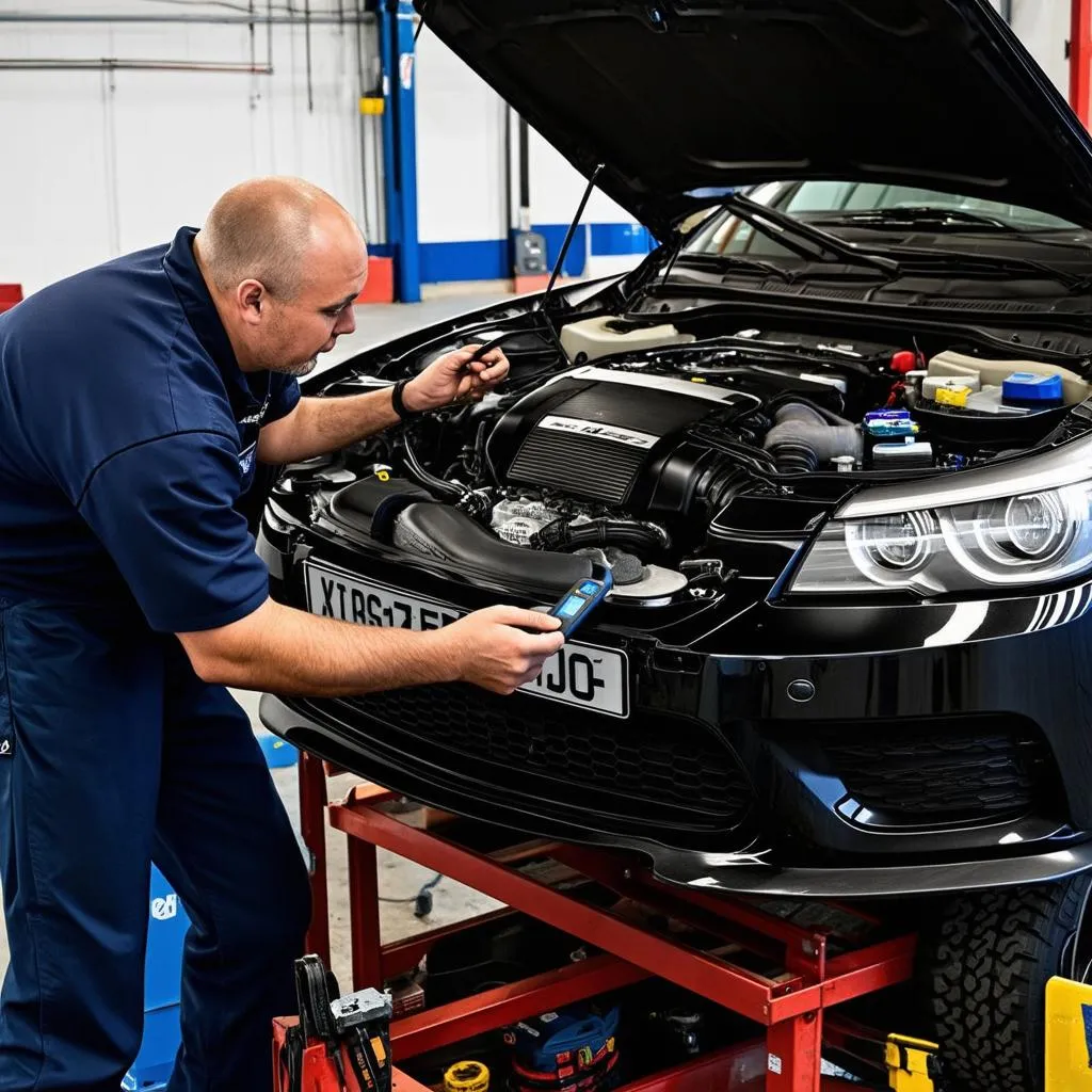 Mechanic working under the hood of a European Car