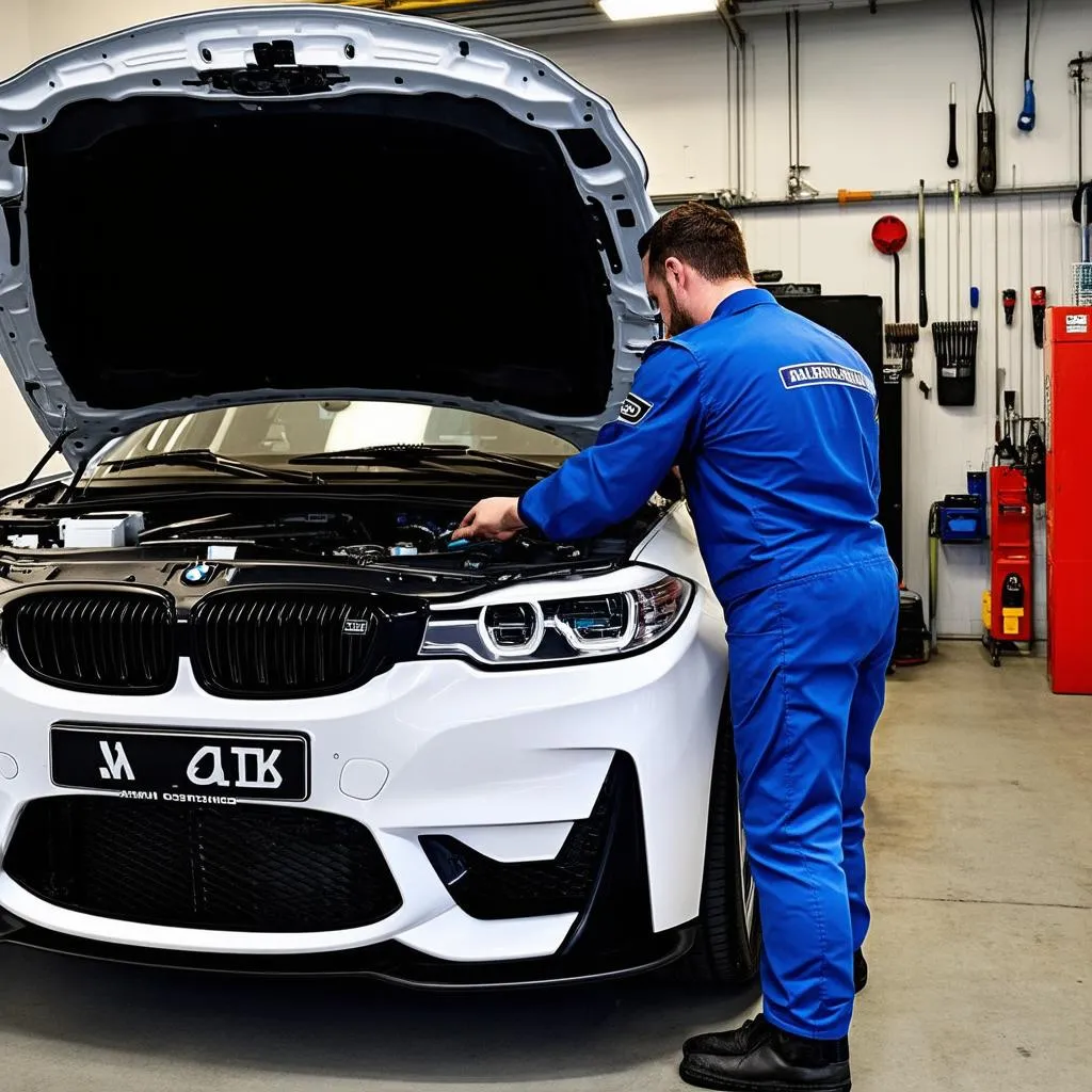 Mechanic diagnosing BMW F30