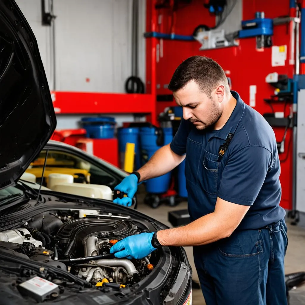 Mechanic checking car engine