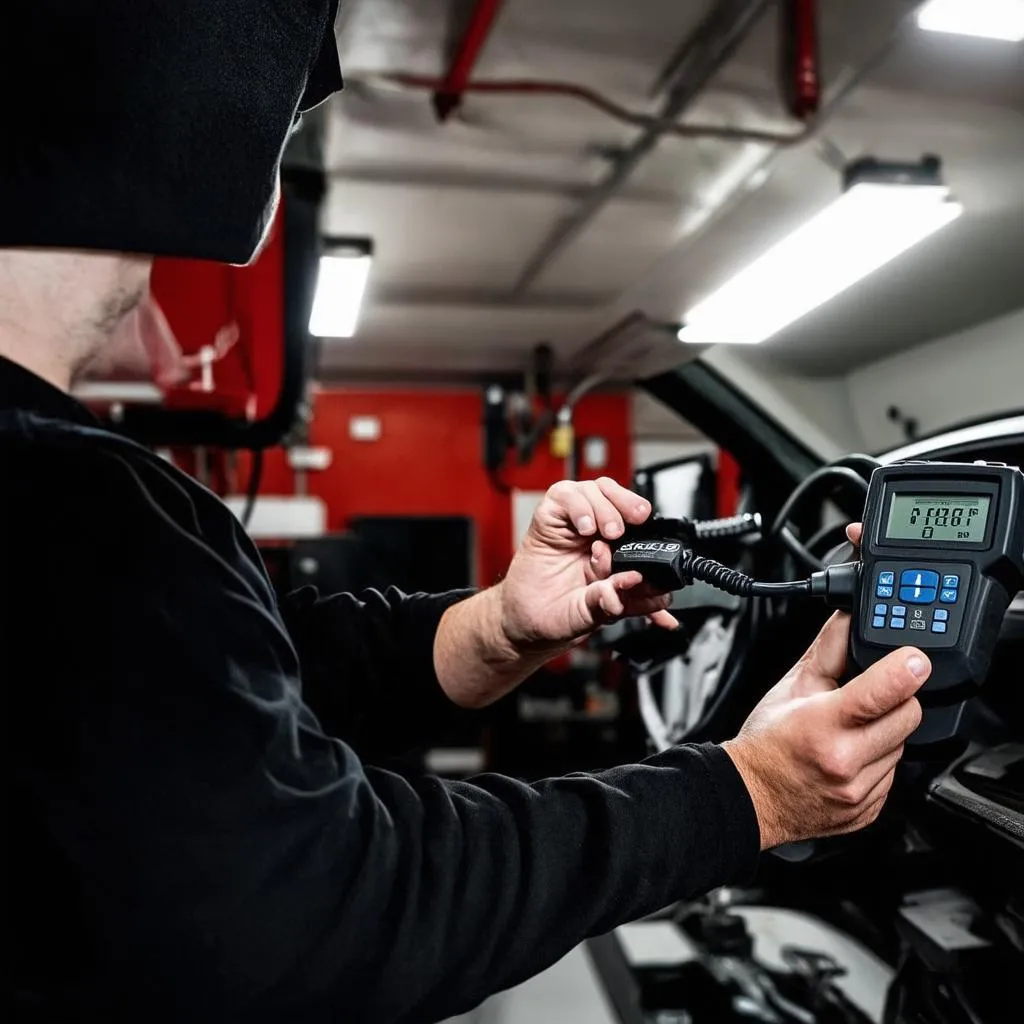 Mechanic Working on Car with Diagnostic Tool