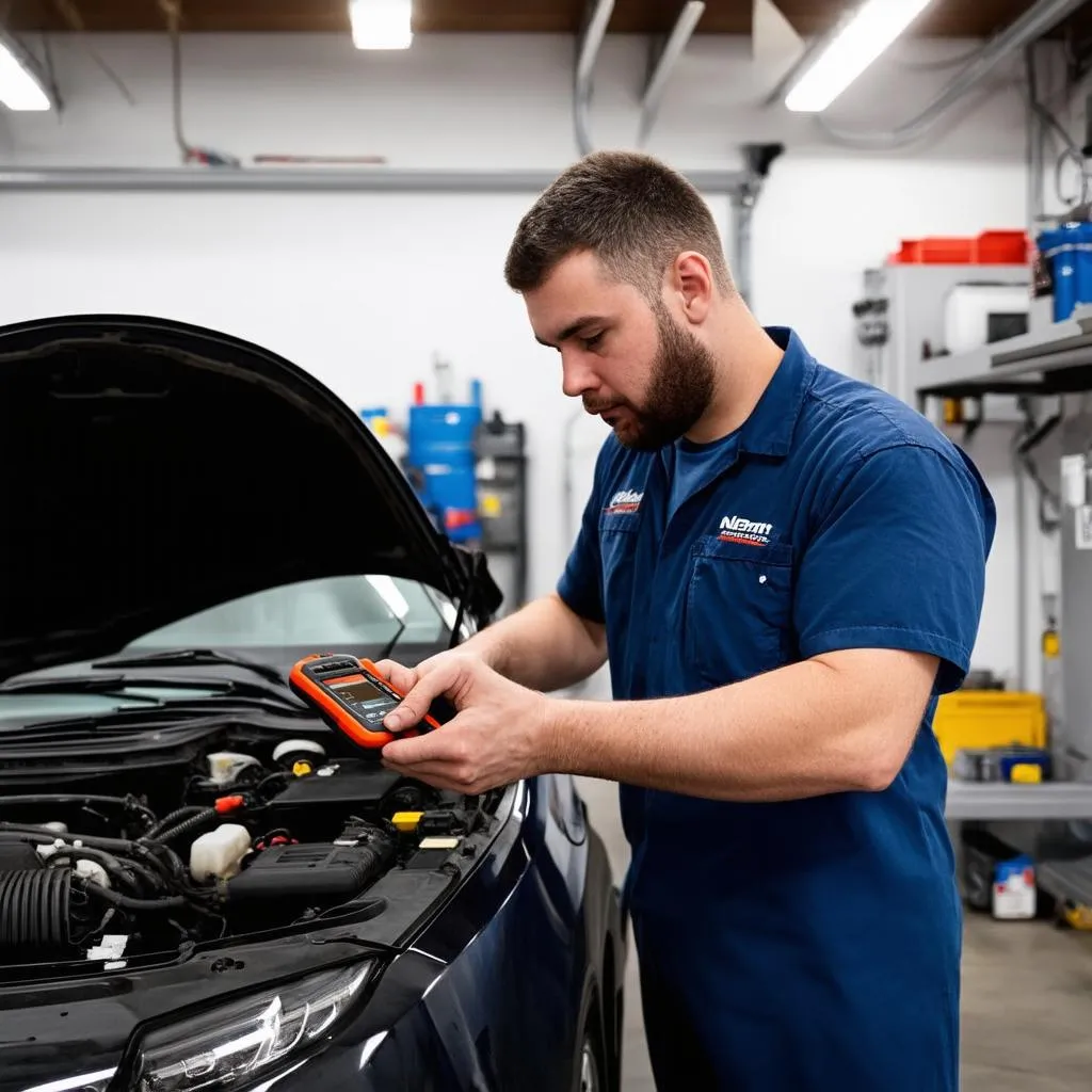 Mechanic using a diagnostic tool on a car