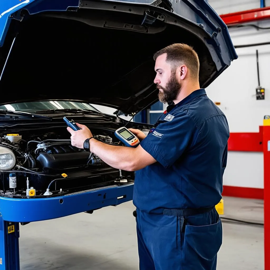 Mechanic using a diagnostic tool to troubleshoot a car