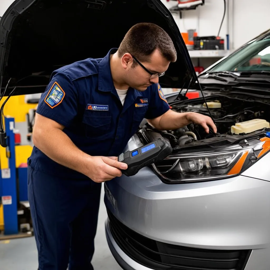 Mechanic using OBD2 scanner on a car