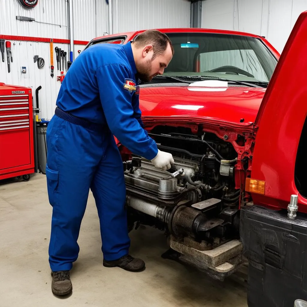 Mechanic working on a Chevy Tracker engine in a garage