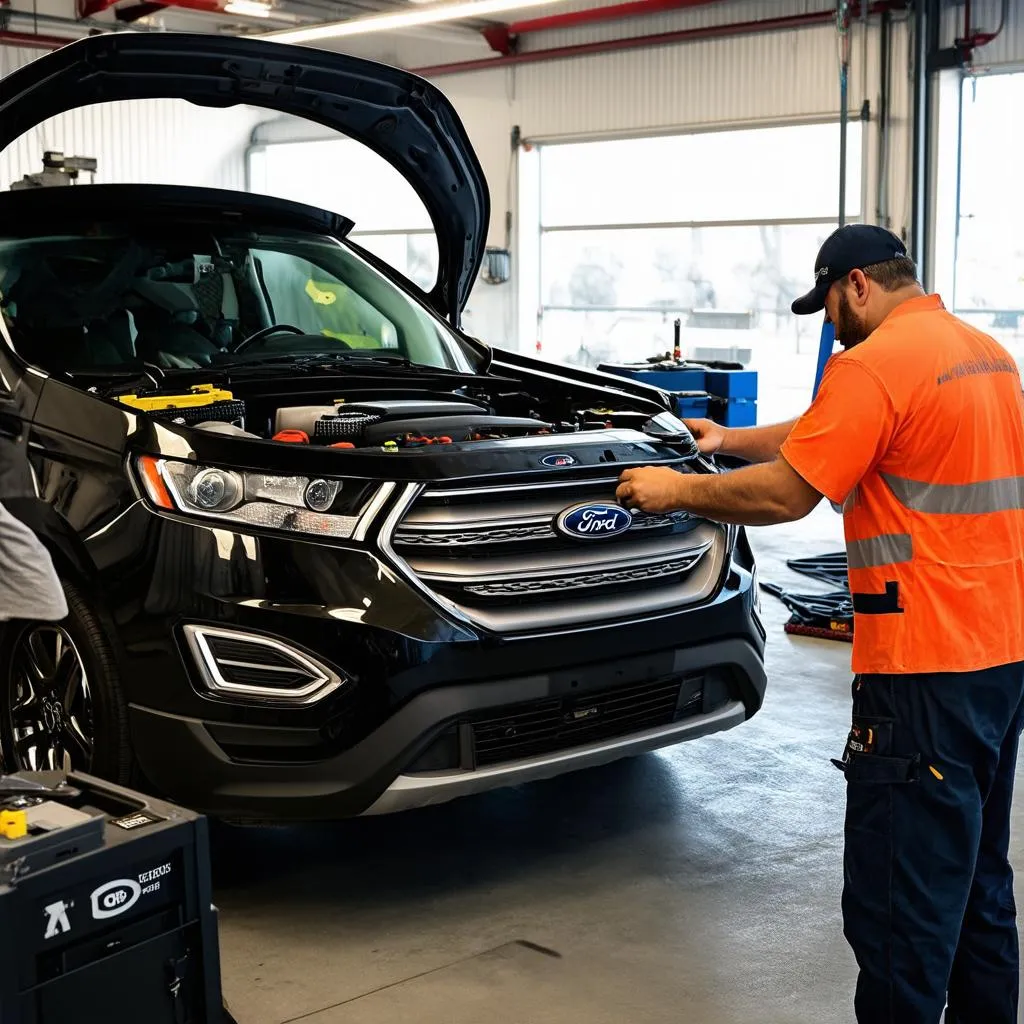 Mechanic working on Ford Edge Sport Engine