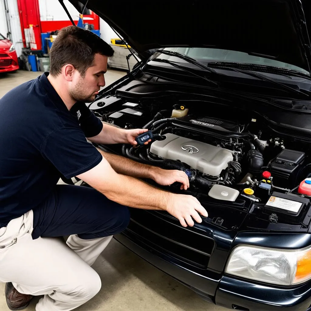 Mechanic Diagnosing Infiniti QX4