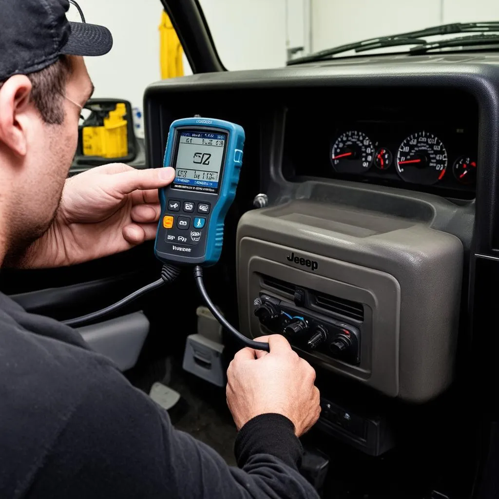 Mechanic using a Dealer Scanner on a Jeep Liberty