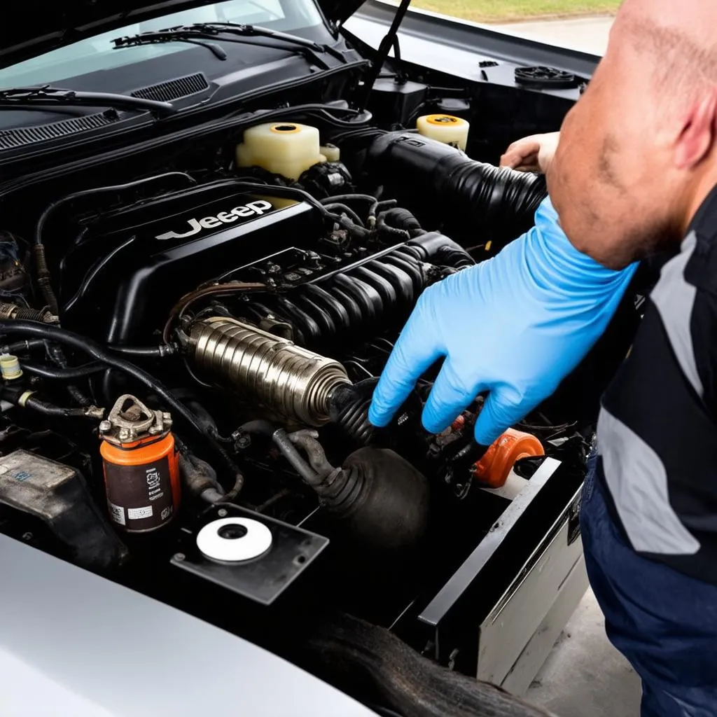 Mechanic examining a Jeep TJ engine