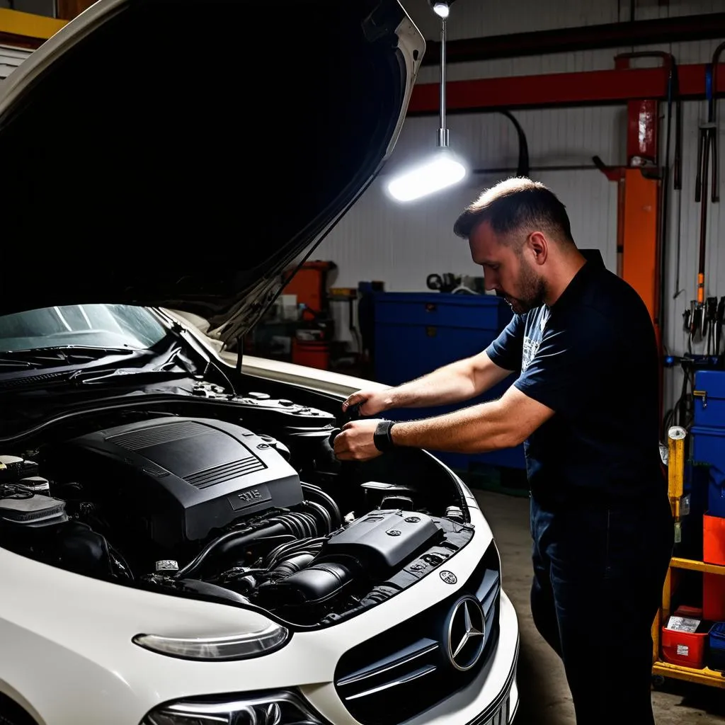 Mechanic working on Mercedes engine