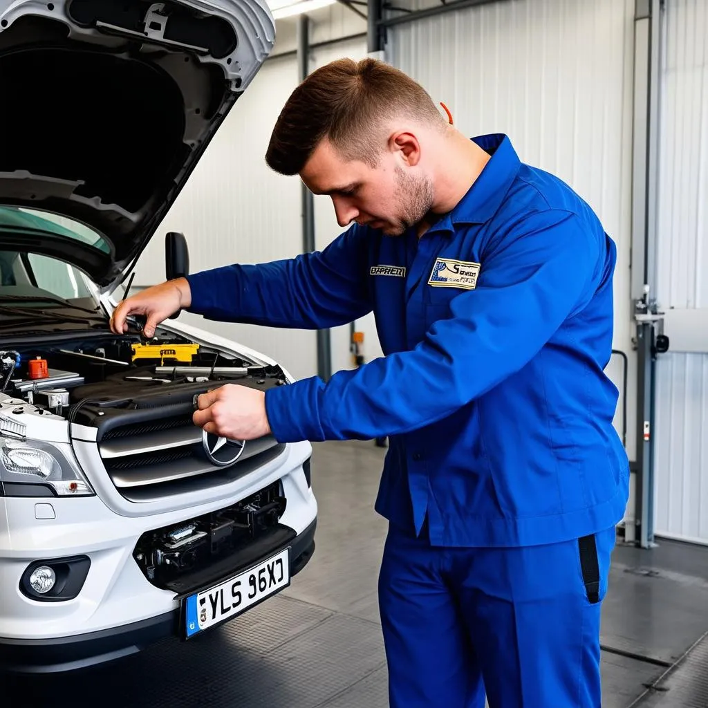 Mechanic Working on a Mercedes Sprinter Van