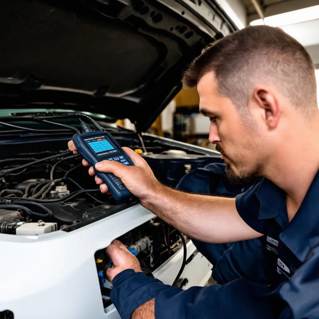 Mechanic working on truck diagnostics