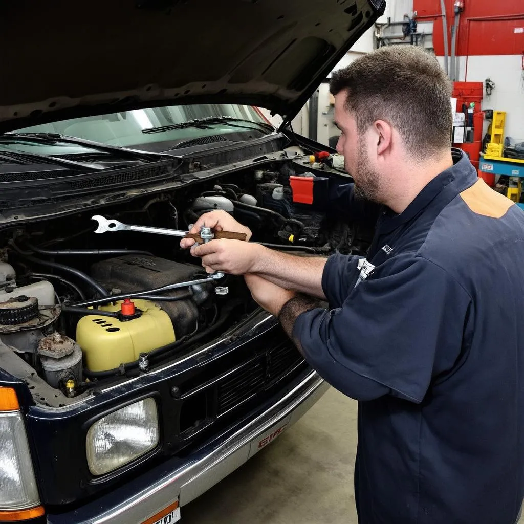 Mechanic Working Under Hood GMC Savana