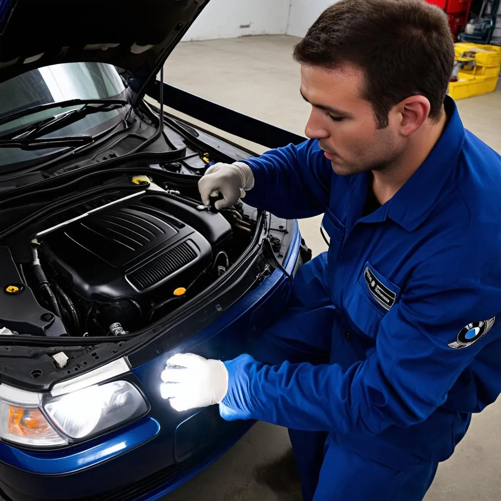 Mechanic inspecting a BMW E46 engine