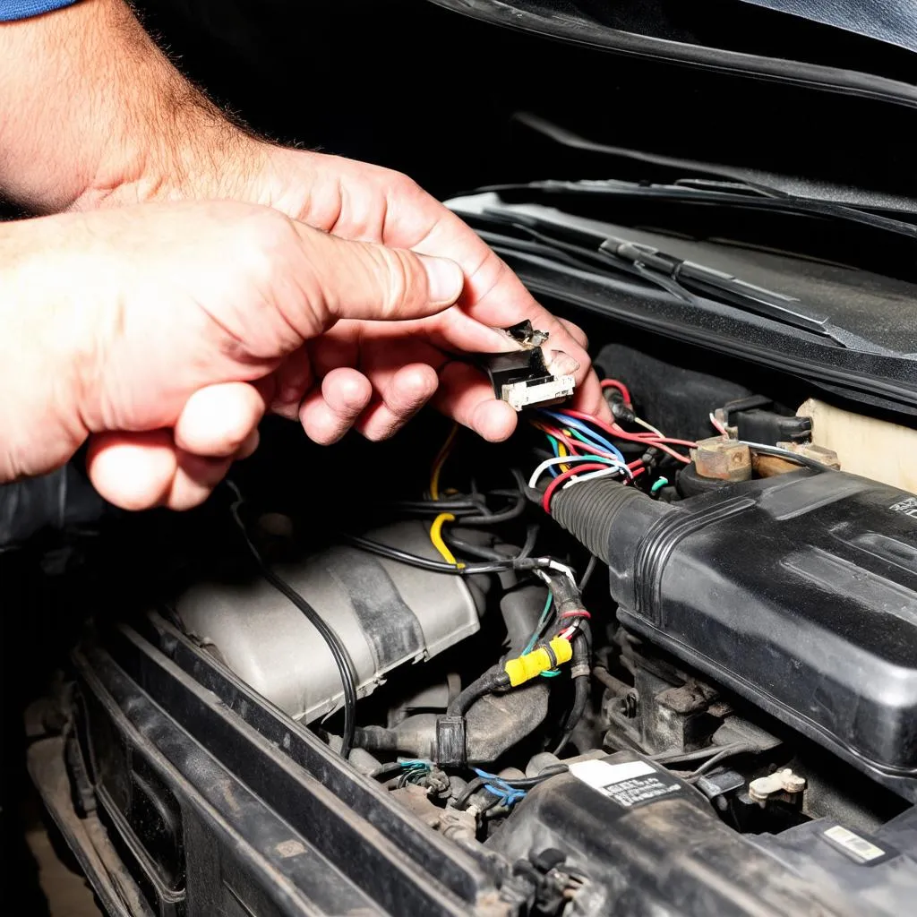 Mechanic inspecting wiring for a vehicle speed sensor