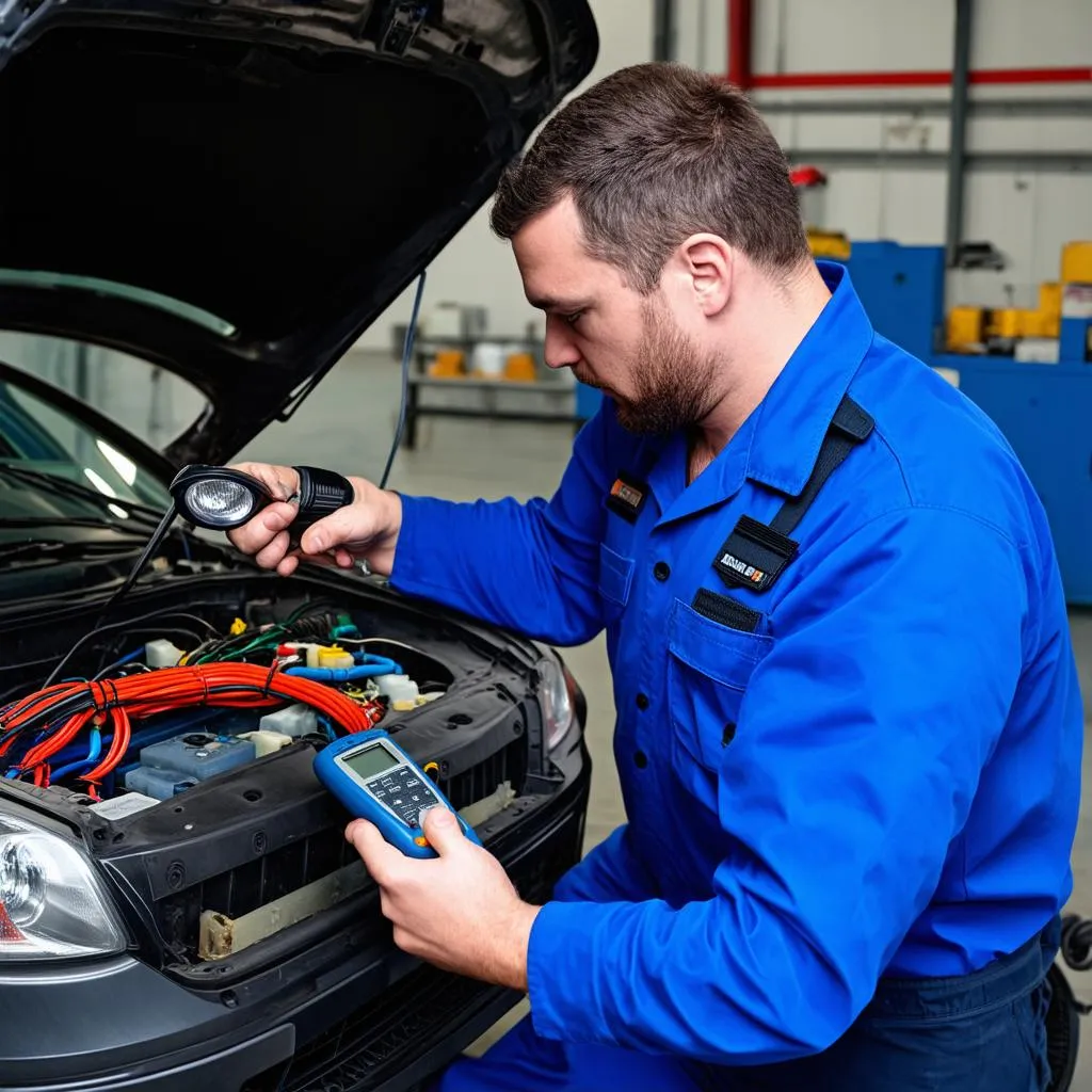 Mechanic Checking Wiring Under Hood