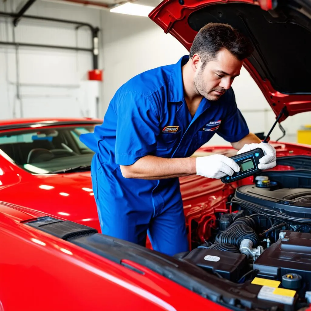 Car mechanic diagnosing a car