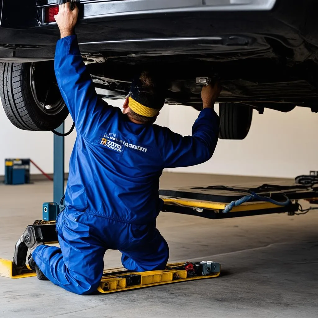 Mechanic inspecting wiring harness under dashboard