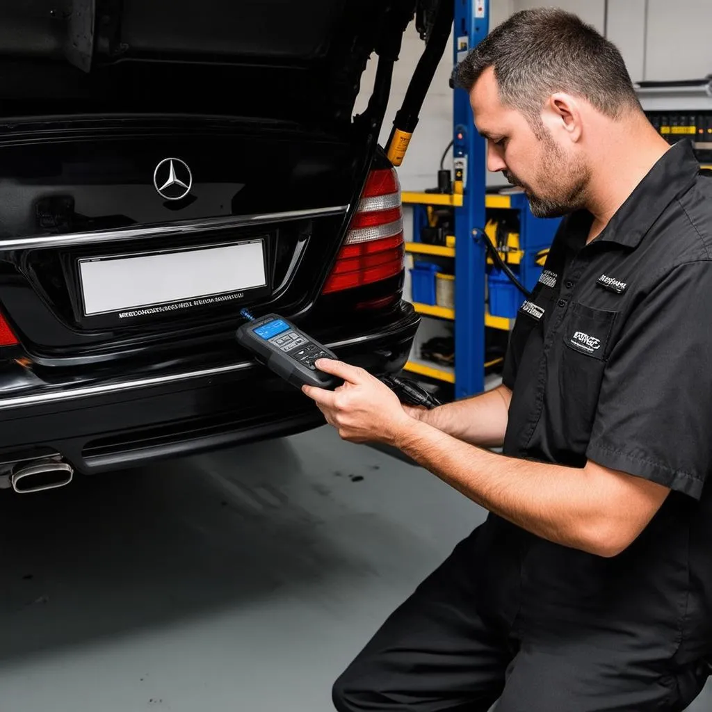 Mercedes Mechanic using a diagnostic tool