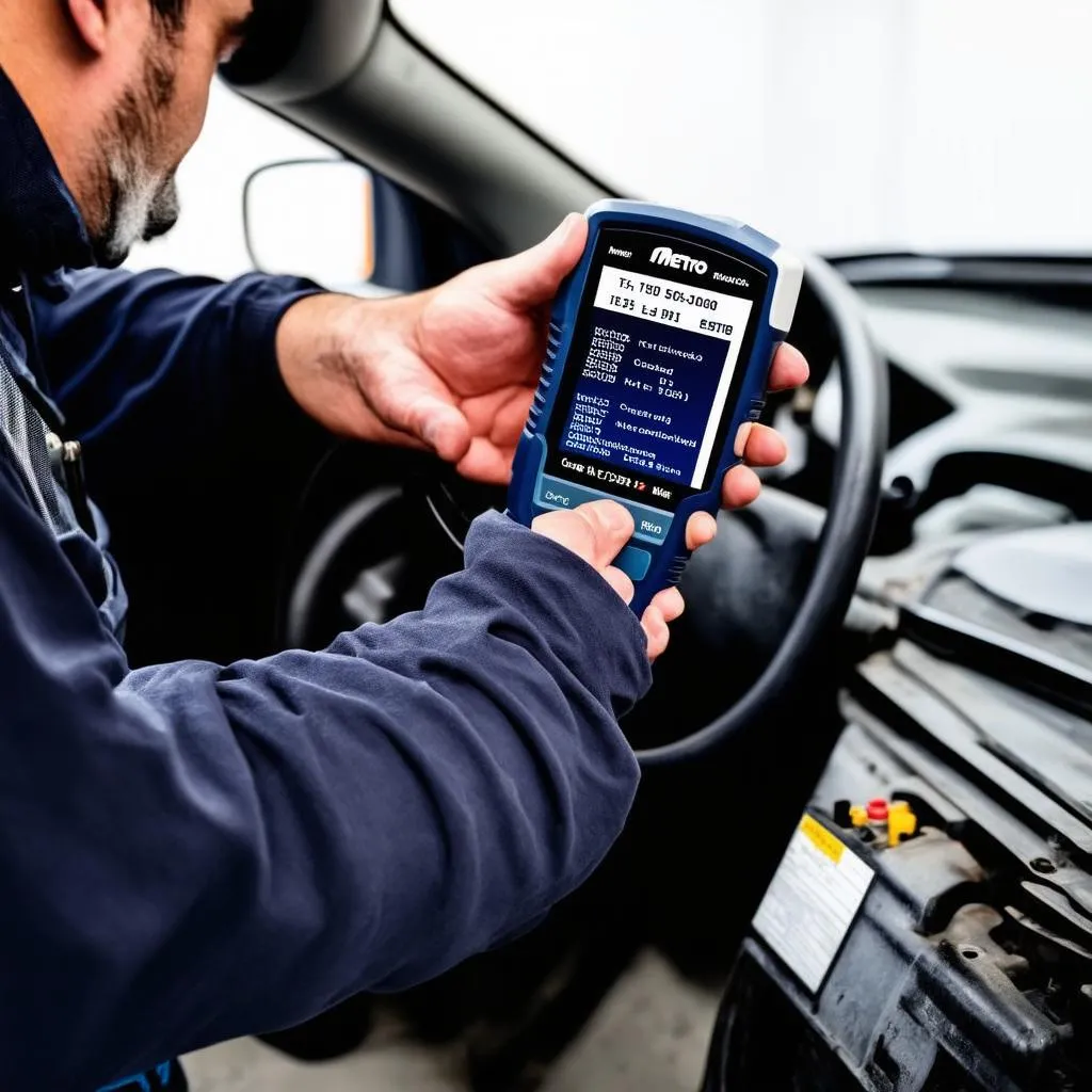 Mechanic using a Metro OBD scanner to diagnose a car's electrical system