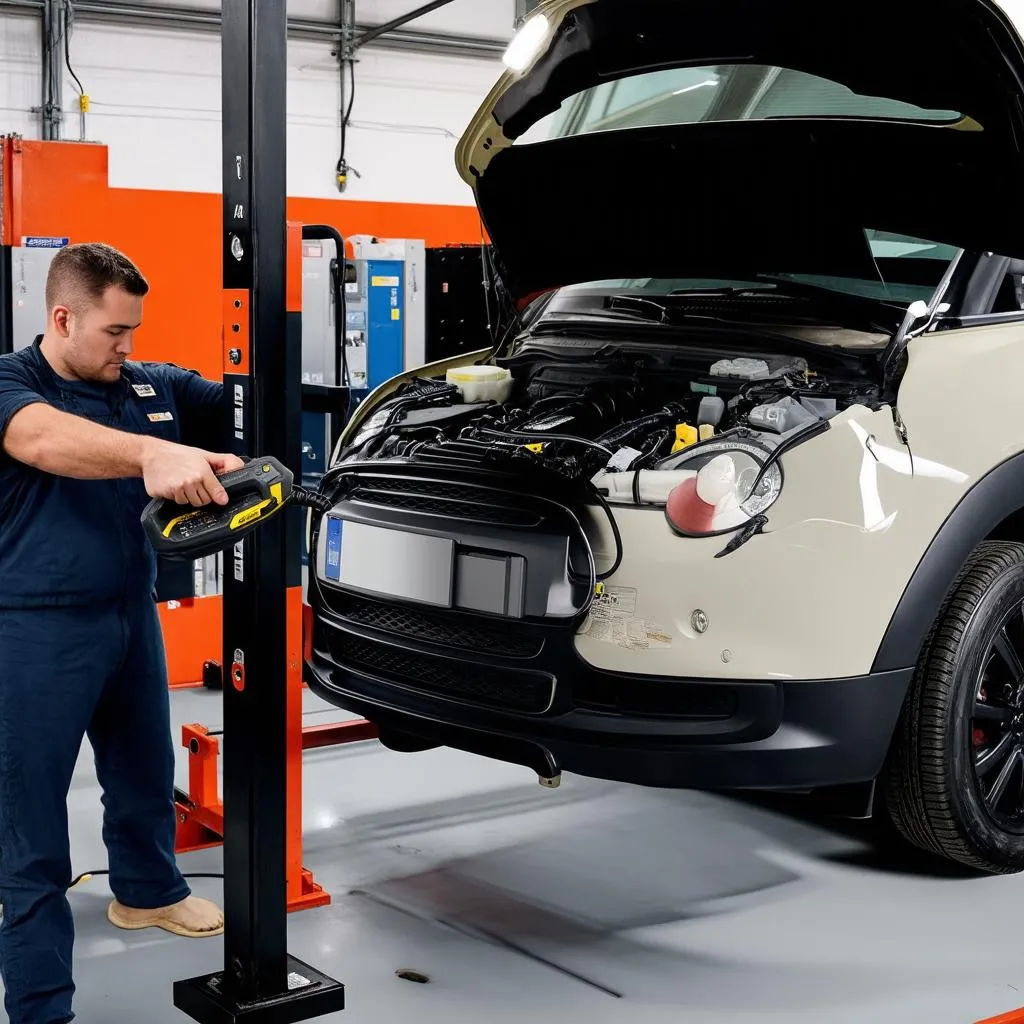 Mechanic Using a Diagnostic Tool on a Mini R53