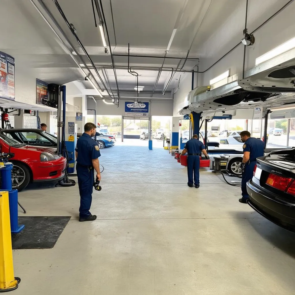 A modern and organized car repair shop with specialized tools and equipment