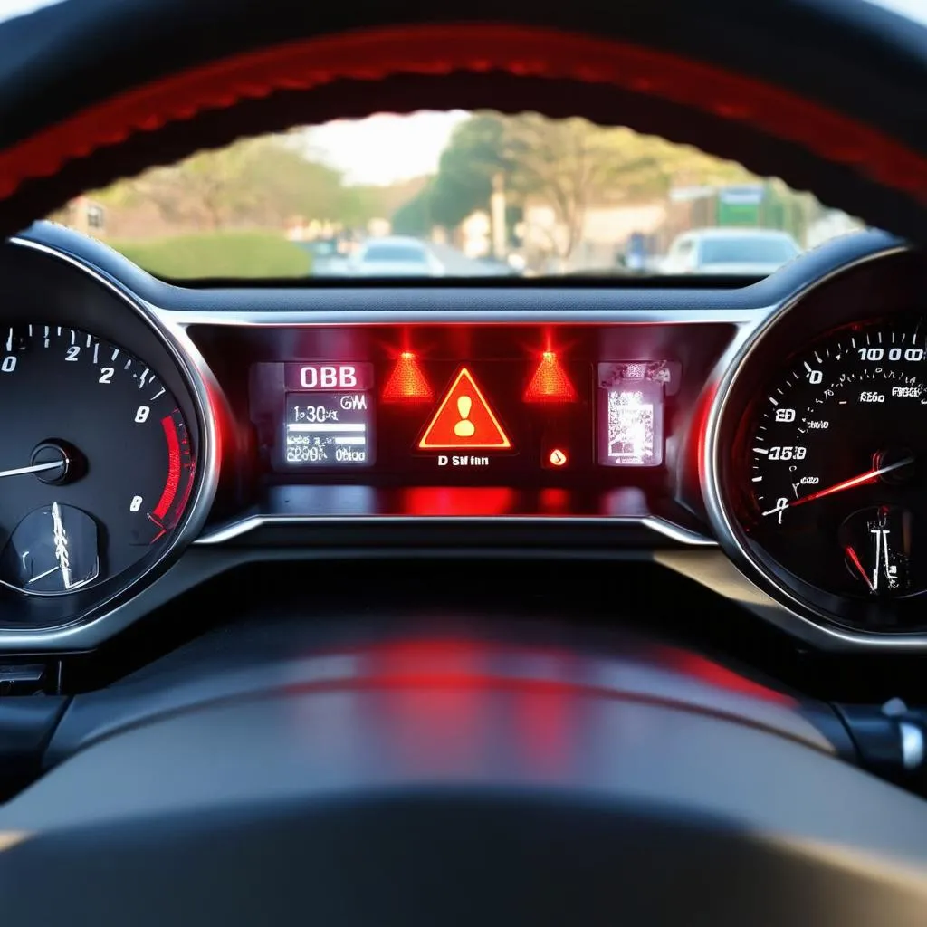 car dashboard with flashing lights